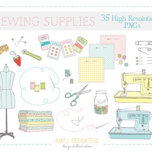 SEWING Supplies CLIP ART set for personal and commercial use quilting supplies, dress form, fabric, buttons