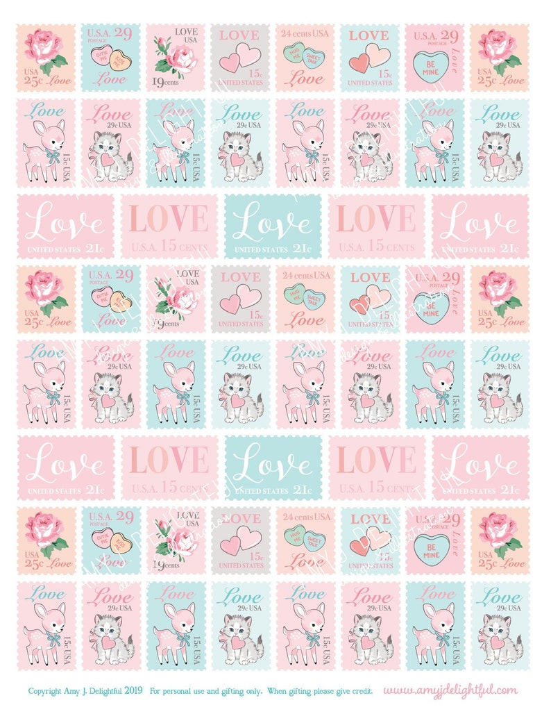 Printable LOVE Postage Stamp style stickersDigital File Instant Download Valentine's Day, happy mail, crafting, embellishment, hand drawn image 1