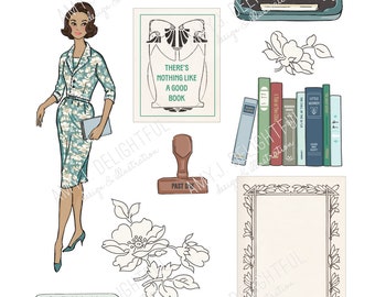 May include: A vintage illustration set featuring a woman in a blue and white patterned dress, a typewriter, a book with the text "There's nothing like a good book", a stack of books, a flower, a stamp that says "Past Due", and a frame with the word "Wonder" at the bottom.