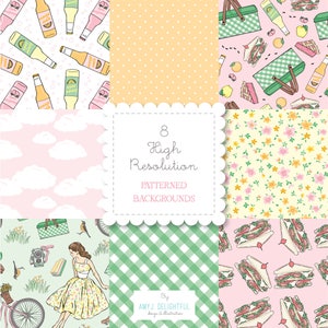 Rétro PICNIC Themed Patterned Backgrounds set-instant download -digital papers, pie, sandwiches, soda, bando, happy planner