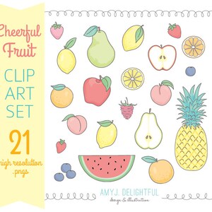 Allegro FRUIT Clip Art Set per uso personale e commerciale - pera, limone, anguria, fragola, ananas
