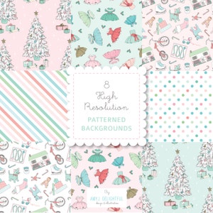 Christmas Dreams PATTERNED BACKGROUND set Pastels- digital papers, vintage tree, dresses, toys