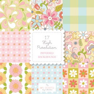 Mod Daisy Patterned Achtergronden-instant download-digital papers, pastel, check, hippie, flower power, florals, jaren 1960, jaren 1970, met de hand getekend