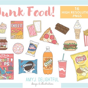 COMIDA CHATARRA Clip Art Set para uso personal y comercial: papas fritas, galletas, chocolate, pizza, hamburguesa, papas fritas, soda pop, donut, cupcake