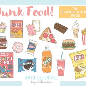 JUNK FOOD Clip Art Set for personal and commercial use- chips, cookies, chocolate, pizza, hamburger, fries, soda pop, donut, cupcake