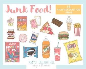 JUNK FOOD Clip Art Set for personal and commercial use- chips, cookies, chocolate, pizza, hamburger, fries, soda pop, donut, cupcake