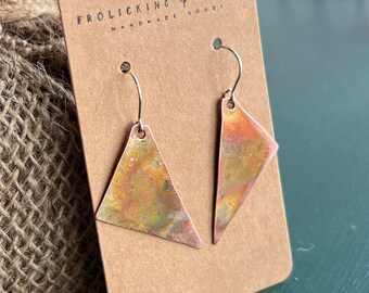 Fire Painted Copper & Sterling Triangle Earrings