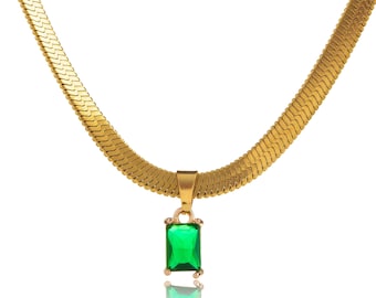 Emerald Green CZ Pendant Necklace: 18K Gold Herringbone Chain