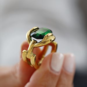Emerald Green Statement Ring: 18K Gold Plated, Personalized, Initial Engraving