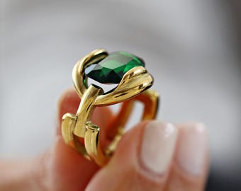 Emerald Green Statement Ring: 18K Gold Plated, Personalized, Initial Engraving