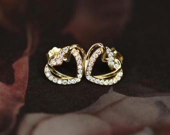 12 mm Gold Double Heart Stud Earrings, 925 Sterling Silver, Cubic Zirconia, Minimal Jewelry