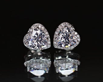 Pendientes de corazón con circonitas cúbicas – Pendientes de plata de ley 925 con halo en forma de corazón, hipoalergénicos