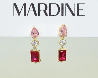 Multicolor CZ Drop Earrings with Chain, Pear Round Rectangle Cut, 18K Gold Plated