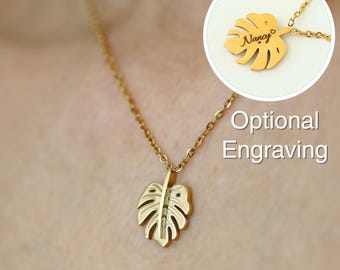 Collar personalizado de hoja de monstera dorada, acero inoxidable chapado en oro de 18 quilates, nombre grabado.