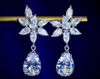 Sterling Silver Starburst & Pear Cubic Zirconia Dangle Drop Earrings
