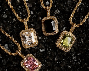 18K Gold Plated Cubic Zirconia Necklace: Black, Clear, Pink, Olive