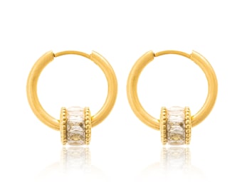 Unisex 18K Gold Plated Hoop Earrings: Cubic Zirconia Charm, Hypoallergenic