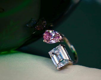 Anillo ajustable de dos piedras – Plata de ley 925 con baño de rodio / Circonita cúbica de grado 8A