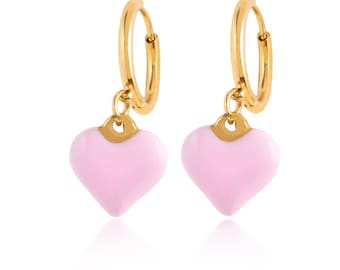 18K Gold Heart Hoop Earrings: Enamel Dangle, Waterproof Jewelry
