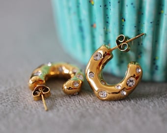 Chunky Huggie Hoop Earrings | Gold Plated Stainless Steel with Cubic Zirconia | Tarnish-Free Hypoallergenic