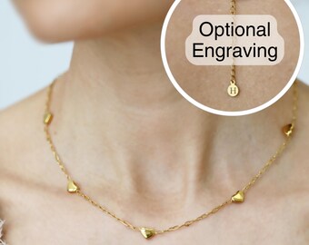 Personalized Gold Plated Heart Necklace, Initial Engraving, Minimal Gift, Adjustable