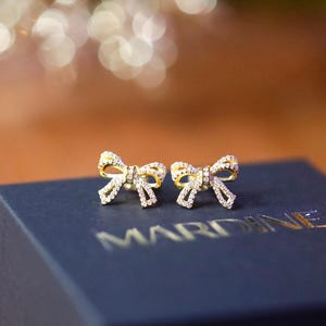 Dainty Bow Stud Earrings: 18K Gold Plated Sterling Silver, Cubic Zirconia