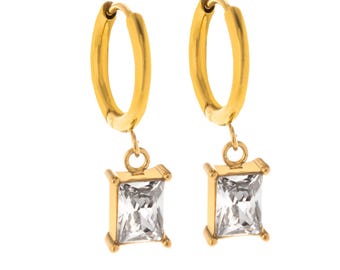 Pendientes de aro chapados en oro: circonita cúbica rectangular, hipoalergénicos.
