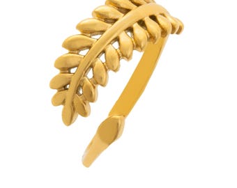 Anillo de hoja de oro: banda abierta chapada en oro de 18 quilates, ajustable e impermeable.