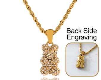 Collar personalizado con colgante de oso chapado en oro de 18 quilates y circonita blanca. Hipoalergénico y ajustable.