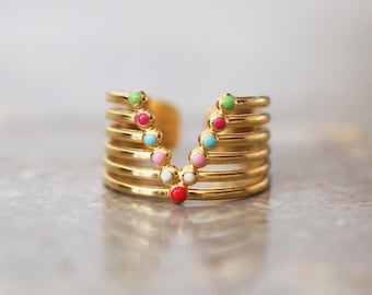 Adjustable  Gold Geometric V Ring: Multicolor Enamel Dots, 18K Plated