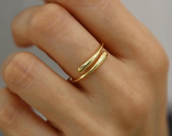 Adjustable Sterling Silver Bypass Ring – 18K Gold Plated Open Design, Hypoallergenic