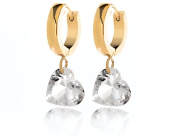 Heart Cubic Zirconia Hoop Earrings: 18K Gold or Silver Stainless Steel