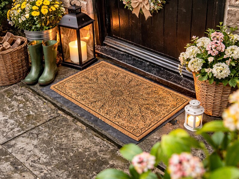 K&ouml;nnte beinhalten: Eine rechteckige Fu&szlig;matte mit detailliertem floralem Design vor einer T&uuml;r. Die Matte ist braun mit schwarzen Details. Eine schwarze Laterne mit einer brennenden Kerze, gr&uuml;ne Stiefel und ein Blumenkorb befinden sich in der N&auml;he.