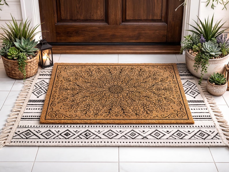 K&ouml;nnte beinhalten: Eine rechteckige Kokos-Fu&szlig;matte mit einem schwarzen Blumen-Mandala-Design liegt auf einem schwarz-wei&szlig; gemusterten Teppich. Die Fu&szlig;matte ist braun und der Teppich hat ein geometrisches Muster. Die Szene spielt sich vor einer Holzt&uuml;r ab.