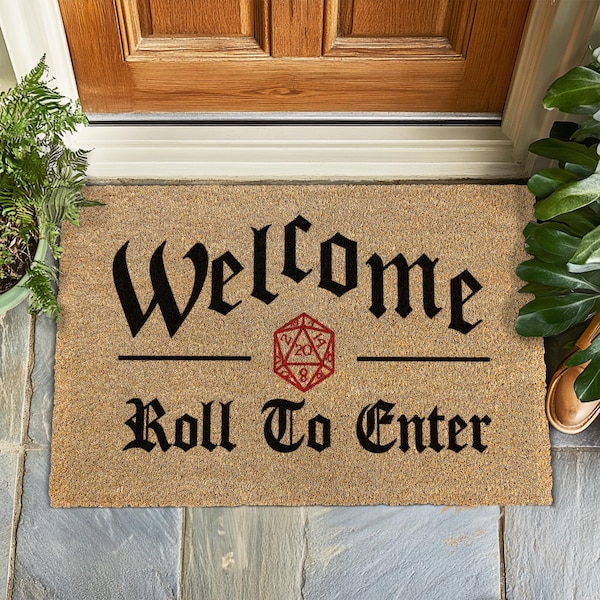 Welcome Roll to Enter Doormat, Funny DnD Welcome Mat, RPG Gamer Gift, Geeky Front Door Rug, Dice Theme Doormat, Dungeon Master Decor