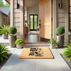 May include: A coir doormat with the text "DON'T DUCK with me" and a duck illustration. The mat is rectangular and sits in front of an open wooden door. Potted plants and decorative shrubs flank the entrance.