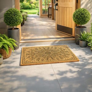 K&ouml;nnte beinhalten: Eine rechteckige Fu&szlig;matte mit detailliertem schwarzem Blumendesign liegt auf einer grauen Fliesenoberfl&auml;che. Die Matte besteht aus einem Naturfasermaterial. Topfpflanzen und ein Holzrahmen bilden die Szene.