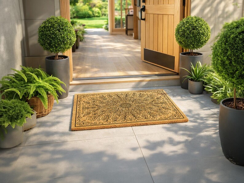 K&ouml;nnte beinhalten: Eine rechteckige Fu&szlig;matte mit detailliertem schwarzem Blumendesign liegt auf einer grauen Fliesenoberfl&auml;che. Die Matte besteht aus einem Naturfasermaterial. Topfpflanzen und ein Holzrahmen bilden die Szene.