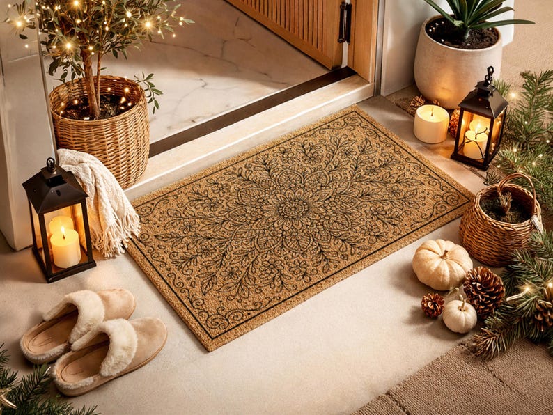 K&ouml;nnte beinhalten: Eine rechteckige Kokos-Fu&szlig;matte mit einem detaillierten floralen Design in Schwarz. Die Matte ist von dekorativen Elementen umgeben, darunter ein kleiner Baum in einem Weidenkorb, Kerzen, Laternen und K&uuml;rbisse. Ein Paar beige Hausschuhe ist ebenfalls vorhanden.