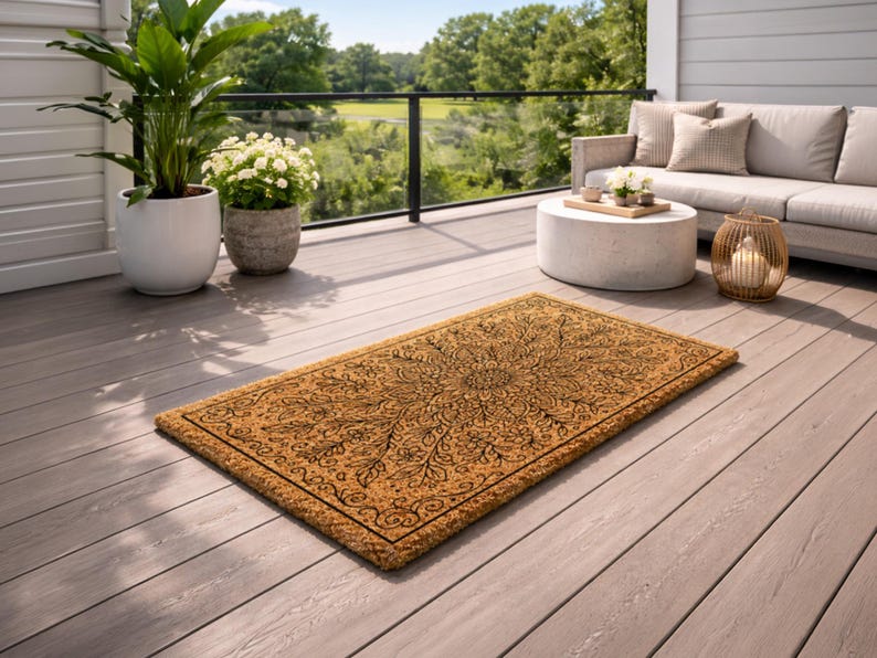 K&ouml;nnte beinhalten: Rechteckige Fu&szlig;matte mit detailliertem floralem Design in Schwarz auf tanfarbenem Hintergrund. Die Matte besteht aus Naturfasermaterial und liegt auf einer Holzterrasse. Die Szene umfasst Topfpflanzen, ein Sofa und einen runden Tisch.