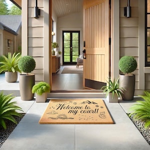 May include: A coir doormat with the text "...Welcome to my court!" in black script, featuring a mountain range, sun, and birds. The mat is placed in front of an open wooden door, with potted plants on either side.