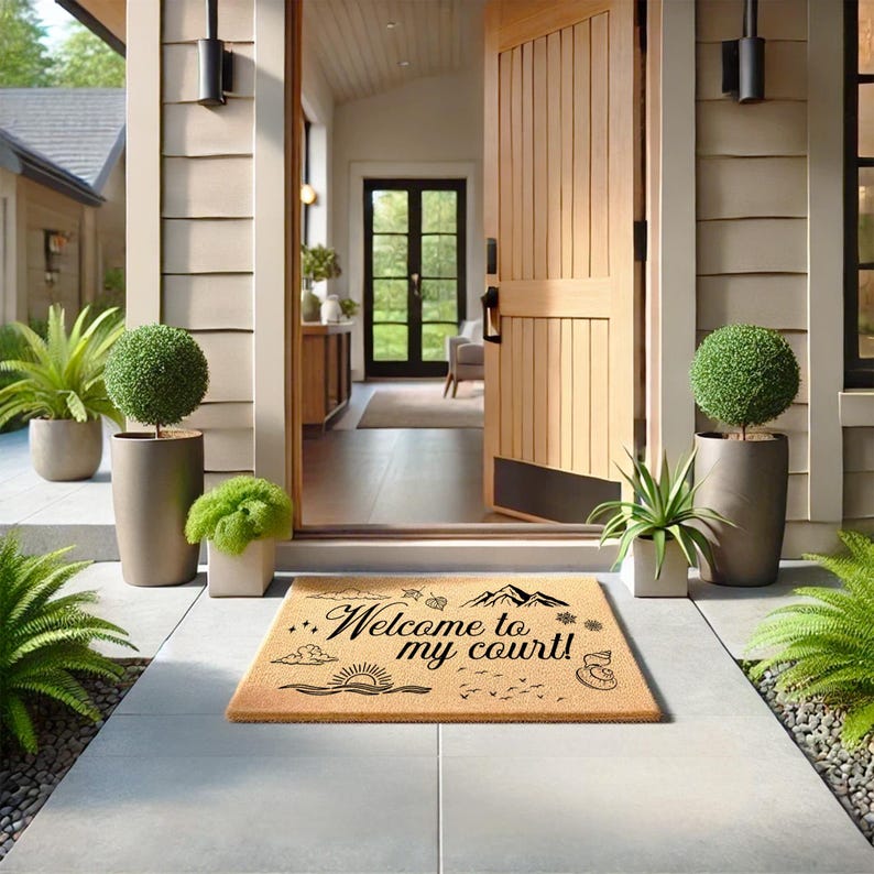 May include: A coir doormat with the text "...Welcome to my court!" in black script, featuring a mountain range, sun, and birds. The mat is placed in front of an open wooden door, with potted plants on either side.
