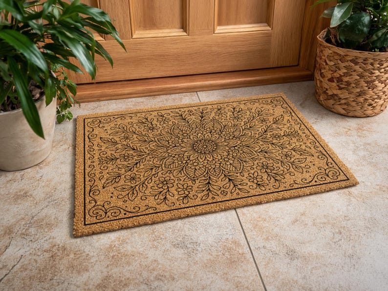 K&ouml;nnte beinhalten: Eine rechteckige Fu&szlig;matte mit einem floralen Mandala-Design. Die Matte besteht aus einem nat&uuml;rlichen, beigefarbenen Material mit einem schwarzen Rand und einem schwarzen Blumenmuster. Die Matte liegt vor einer Holzt&uuml;r.