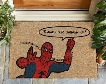 Thanks for Swingin' By Doormat, Spider Hero Inspired Rug, Funny Superhero Welcome Mat, Spiderman Geek Gift, Comic Entryway Decor, Custom Rug