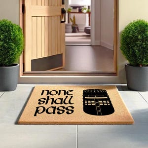 Monty Python Doormat, None Shall Pass” Funny Welcome Mat, British Humour Gift, Comedy Home Decor, Funny Black Knight Welcome Doormat