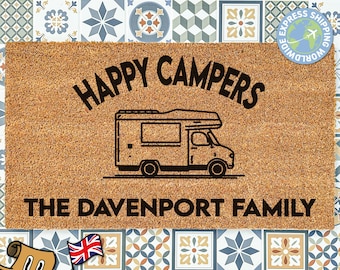 Happy Campers Doormat, Welcome Mat With Camping Names, Custom Coir Welcome, Camping Mat, Gift For Him, Personalised Camping Theme Mat