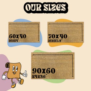 three different sizes of wooden door mats, each with a unique size indicated by the text "60X40", "70X40", and "90X60". There is also a cartoon character, likely a paper towel, in the bottom left corner of the image.