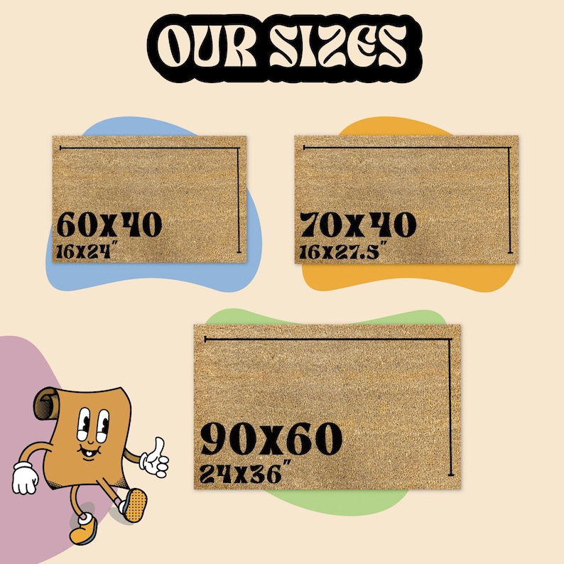 three different sizes of wooden door mats, each with a unique size indicated by the text "60X40", "70X40", and "90X60". There is also a cartoon character, likely a paper towel, in the bottom left corner of the image.