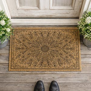 K&ouml;nnte beinhalten: Eine rechteckige Fu&szlig;matte mit einem detaillierten floralen Mandala-Design in Schwarz auf tanfarbenem Hintergrund. Die Matte liegt vor einer wei&szlig;en T&uuml;r, mit Topfpflanzen auf beiden Seiten. Draufsicht.