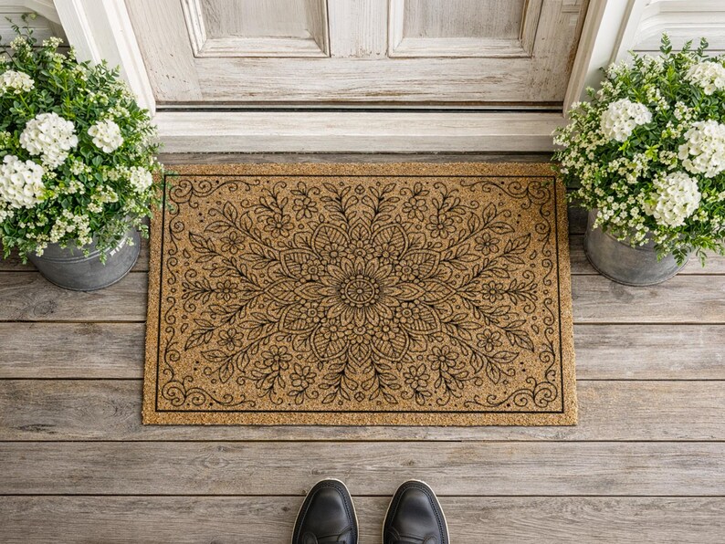 K&ouml;nnte beinhalten: Eine rechteckige Fu&szlig;matte mit einem detaillierten floralen Mandala-Design in Schwarz auf tanfarbenem Hintergrund. Die Matte liegt vor einer wei&szlig;en T&uuml;r, mit Topfpflanzen auf beiden Seiten. Draufsicht.